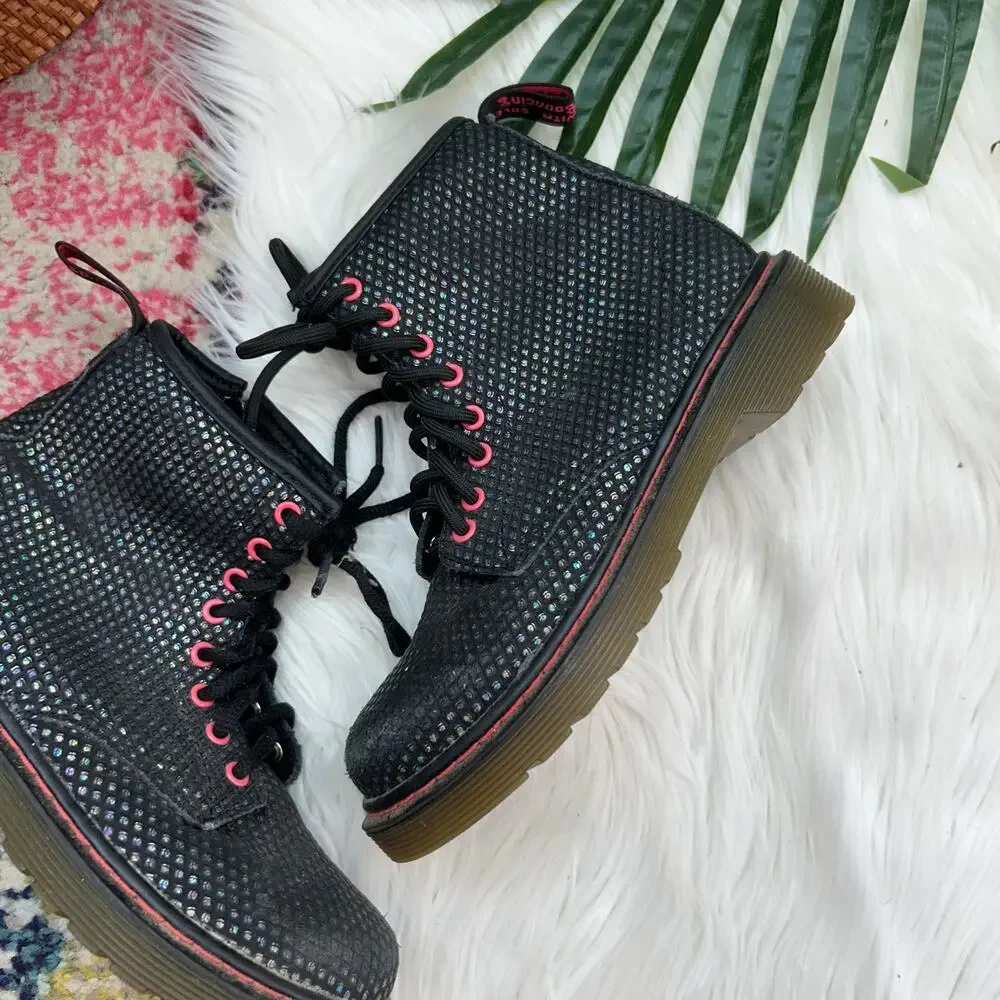 Dr. Marten Black Colorful Shimmer Leather Delaney Combat Boot Kids Girls 1